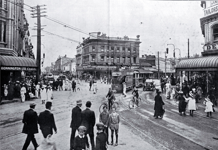 A busy spot in Christchurch, at the junction of High and Cashel Streets : in the centre is the Hallensteins Building. A busy spot in Christchurch, at the junction of High and Cashel Streets : in the centre is the Hallensteins Building.
