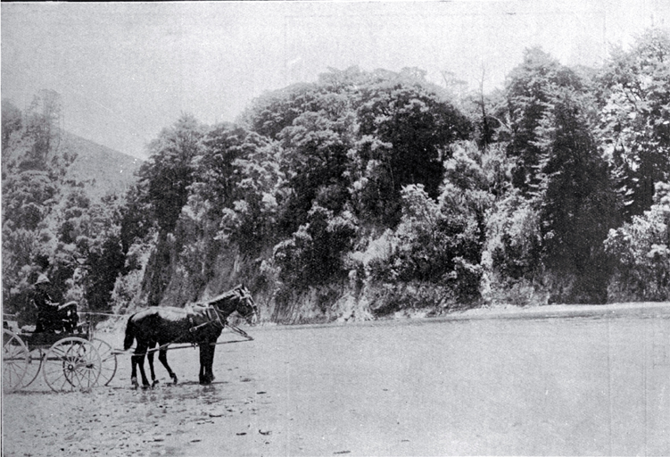 A horse and carriage on the Cheviot-Kaikoura coach road at the point at which the Conway River is crossed, North Canterbury A horse and carriage on the Cheviot-Kaikoura coach road at the point at which the Conway River is crossed, North Canterbury