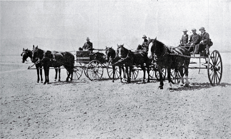 Horses and carriage at the Waiau River Bed, after crossing the stream from Cheviot, North Canterbury Horses and carriage at the Waiau River Bed, after crossing the stream from Cheviot, North Canterbury