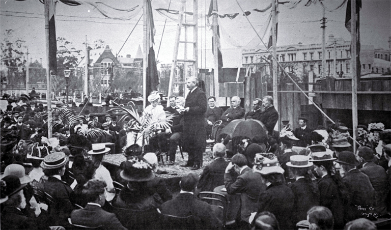 The laying of the foundation stones of the YMCA building and the Boys' Gordon Hall, corner of Hereford Street and Cambridge Terrace, Christchurch The laying of the foundation stones of the YMCA building and the Boys' Gordon Hall, corner of Hereford Street and Cambridge Terrace, Christchurch
