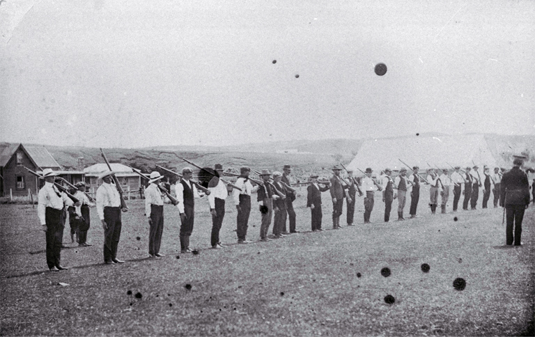 The Home Guard line up at Waitangi, Chatham Islands The Home Guard line up at Waitangi, Chatham Islands