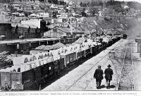 The port at Lyttelton re-opening after the strike : showing the rail-yards with 39 trucks of general cargo unloaded from the S.S. Rimutaka 