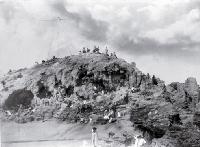 Families on the beach below the mast & yard-arm, Sumner beach, Christchurch