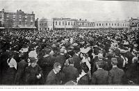 A crowd of mourners listen to the combined Christchurch municipal bands play the Dead march at Hon R J Seddon's memorial service, Victoria Square