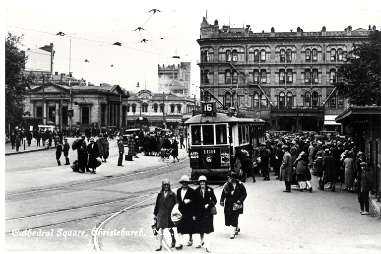 Pedestrians and a tram in Cathedral Square, Christchurch Pedestrians and a tram in Cathedral Square, Christchurch