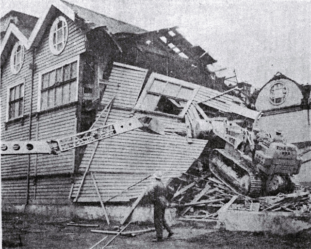Latimer Hall : demolished, a bulldozer pushes down the remaining walls. Latimer Hall : demolished, a bulldozer pushes down the remaining walls.