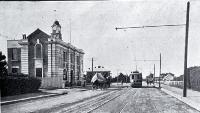 The first tram near the terminus on the new line from Papanui to Northcote, along the Main North Road, which opened 28 Feb. 1913