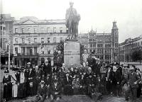 Survivors of the first six ships grouped around the Godley statue, Cathedral Square, Christchurch