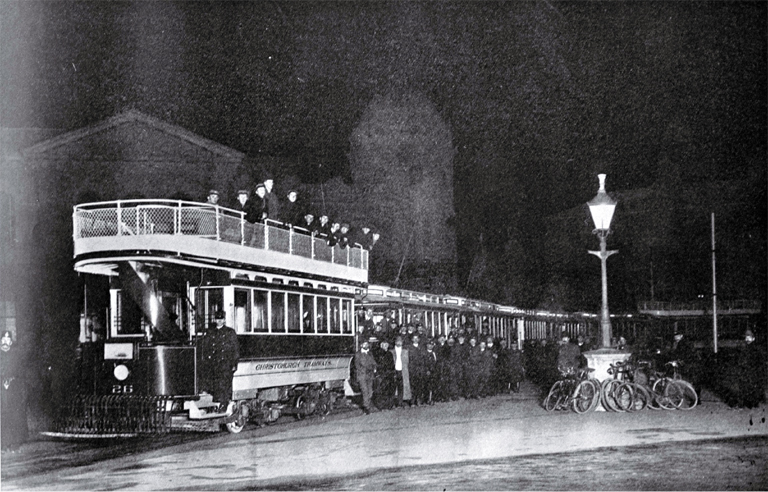 The Christchurch Tramway Company's opening of the Papanui line : the trial trip on midnight of Friday June 2nd : a photograph taken with a flash in Cathedral Square. The Christchurch Tramway Company's opening of the Papanui line : the trial trip on midnight of Friday June 2nd : a photograph taken with a flash in Cathedral Square.